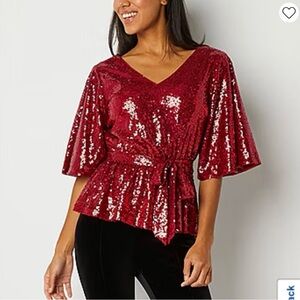 Bold Elememts Red Sequined V Neck Top. NWT Size Medium